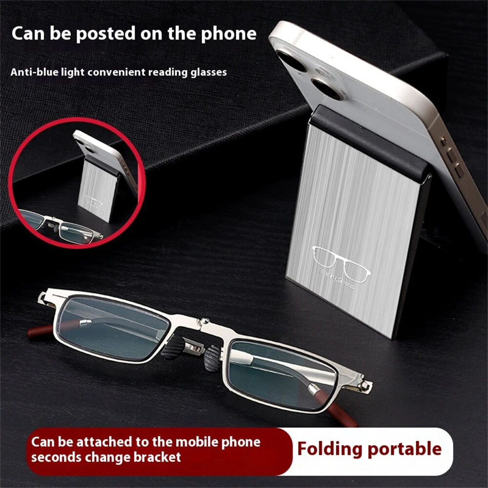 (image for) 2 in 1 Portable Folding Reading Glasses with Metal Glasses Case Mobile Phone Holder HD Anti-Fatigue Anti-blue Light Presbyopic Glasses