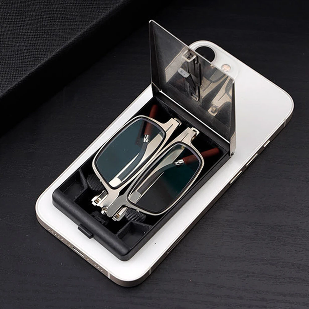 (image for) 2 in 1 Portable Folding Reading Glasses with Metal Glasses Case Mobile Phone Holder HD Anti-Fatigue Anti-blue Light Presbyopic Glasses